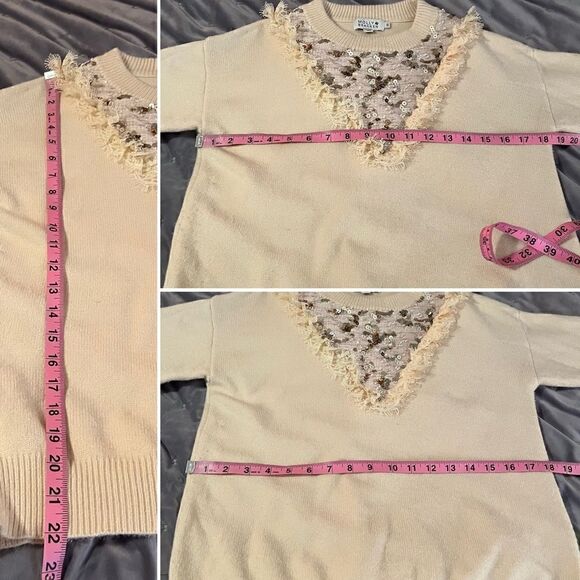 Modcloth Molly Bracken Gold Sequin Lace Yoke Sweater Cream S - Picture 9 of 9